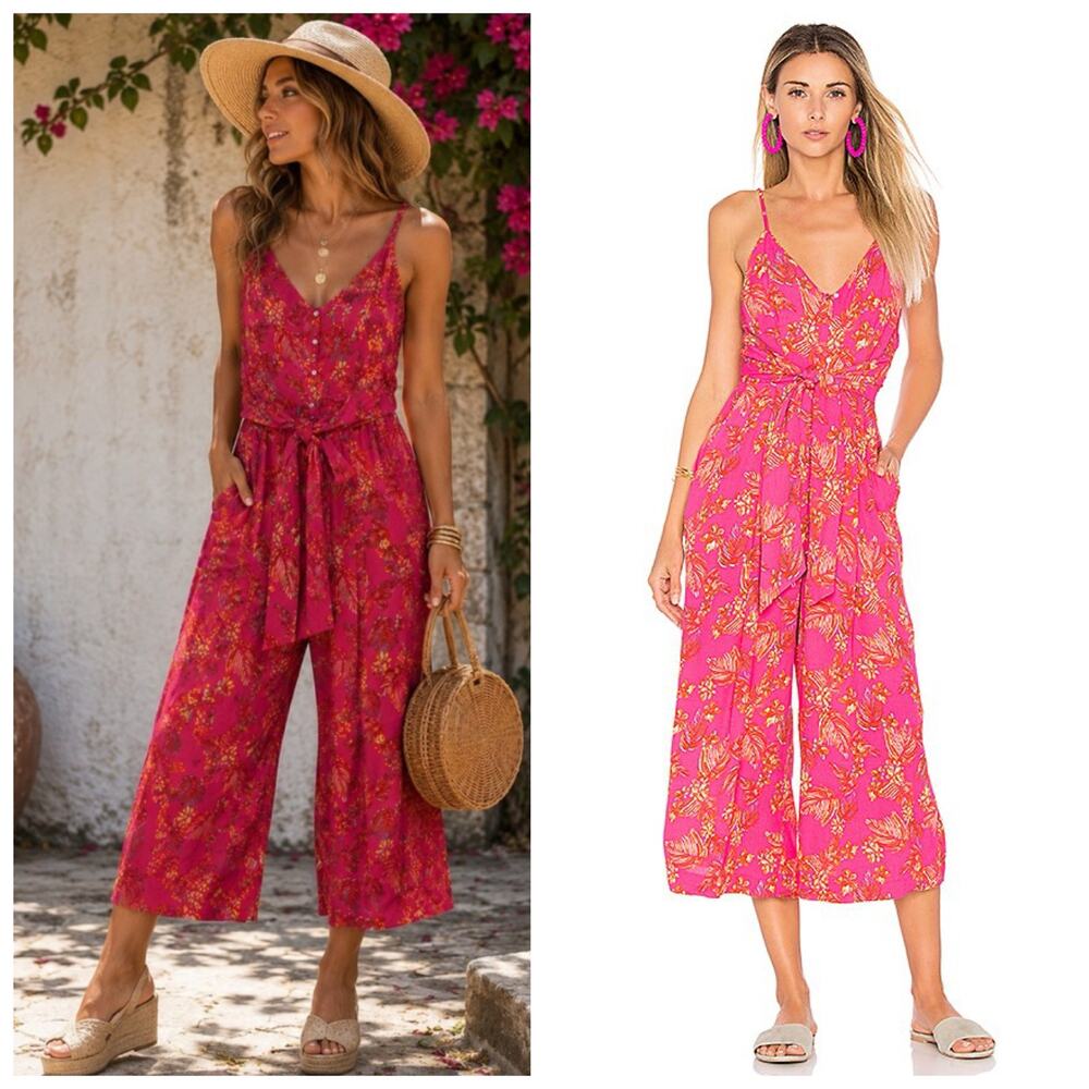 Free People Hot Tropics Jumpsuit Size 4 Pink Floral Cropped Wide Leg Boho